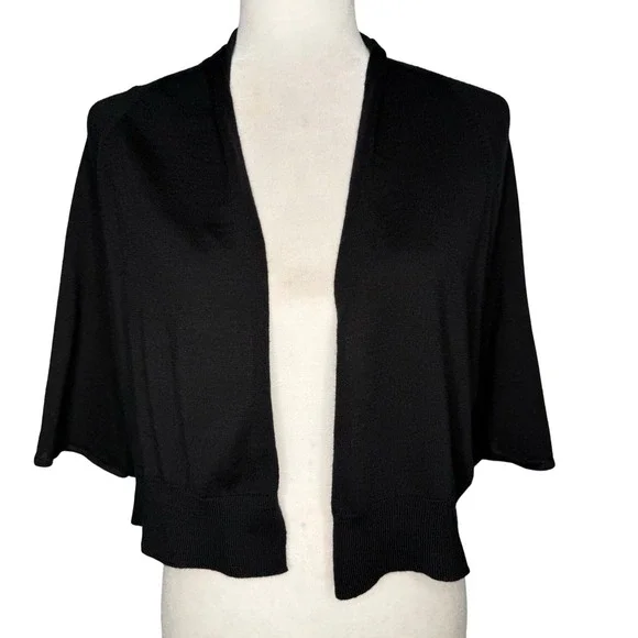 Eileen Fisher M Merino Wool Wide Sleeve Cropped Open Cardigan Black Lagenlook - Picture 4 of 9